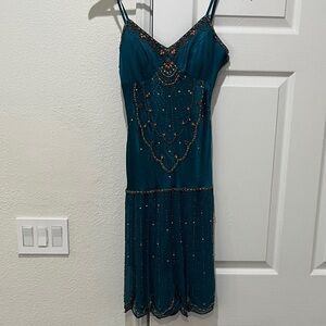 Blue silk beaded cocktail dress